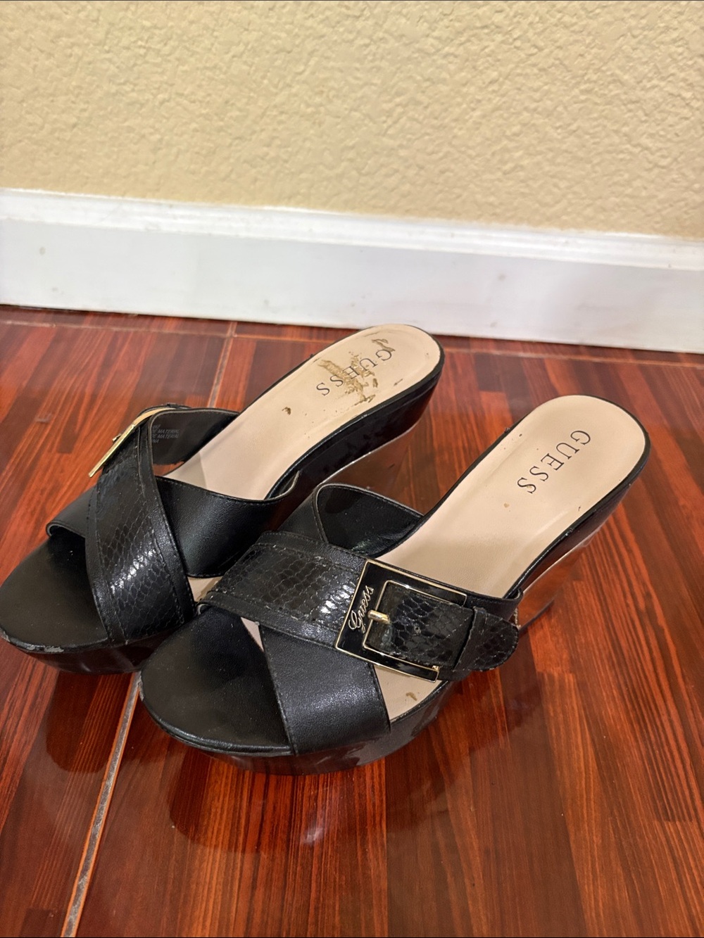 Guess Black Crisscross Platform Mule Sandals with Buckle